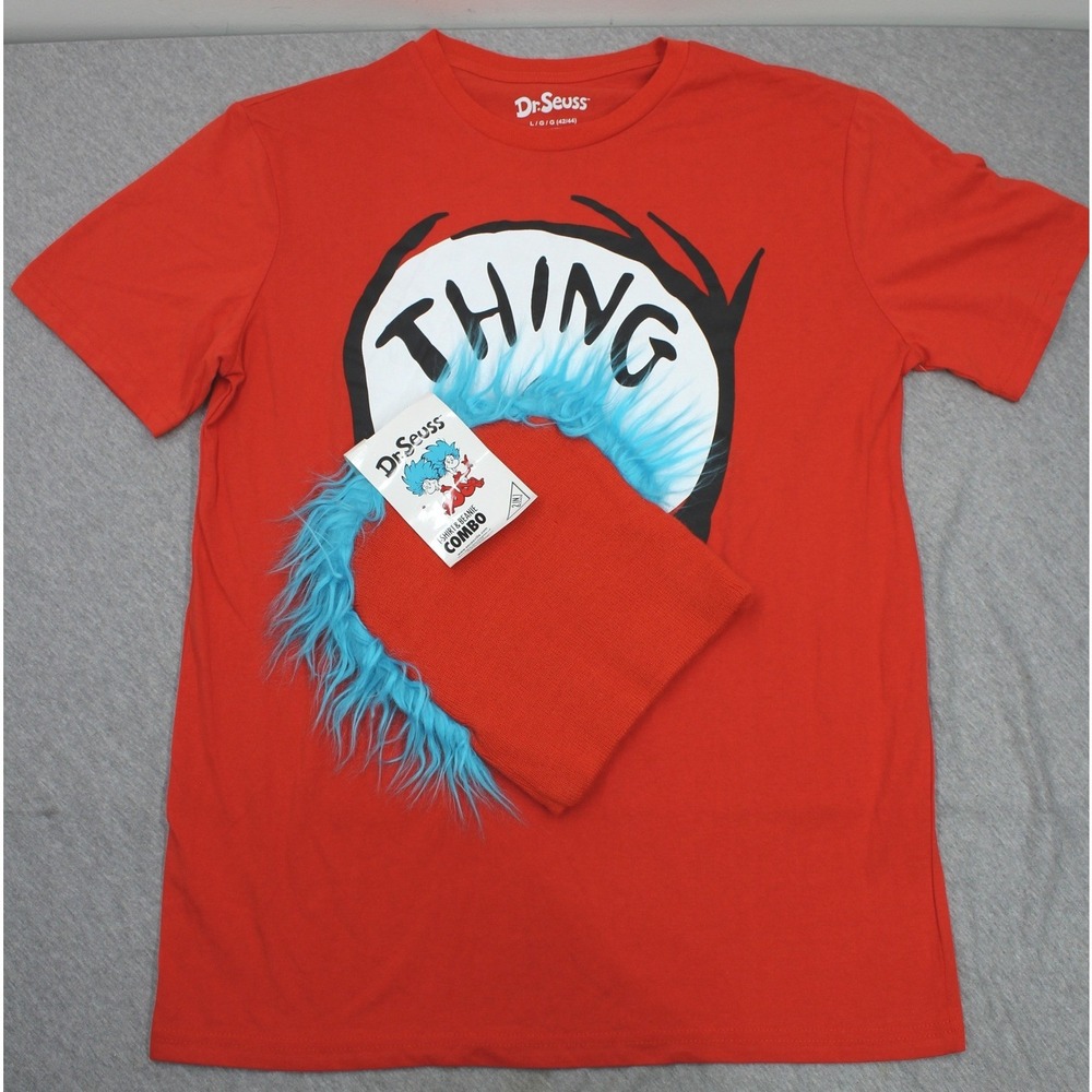 Dr. Seuss T-Shirt Beanie Men L Red Thing 1 Costume Set Blue Faux Fur Hair 2-in-1